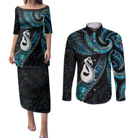 New Zealand Aotearoa Couples Matching Puletasi and Long Sleeve Button Shirt Maori Manaia Paua Shell Glitter Turquoise LT05 Turquoise - Polynesian Pride