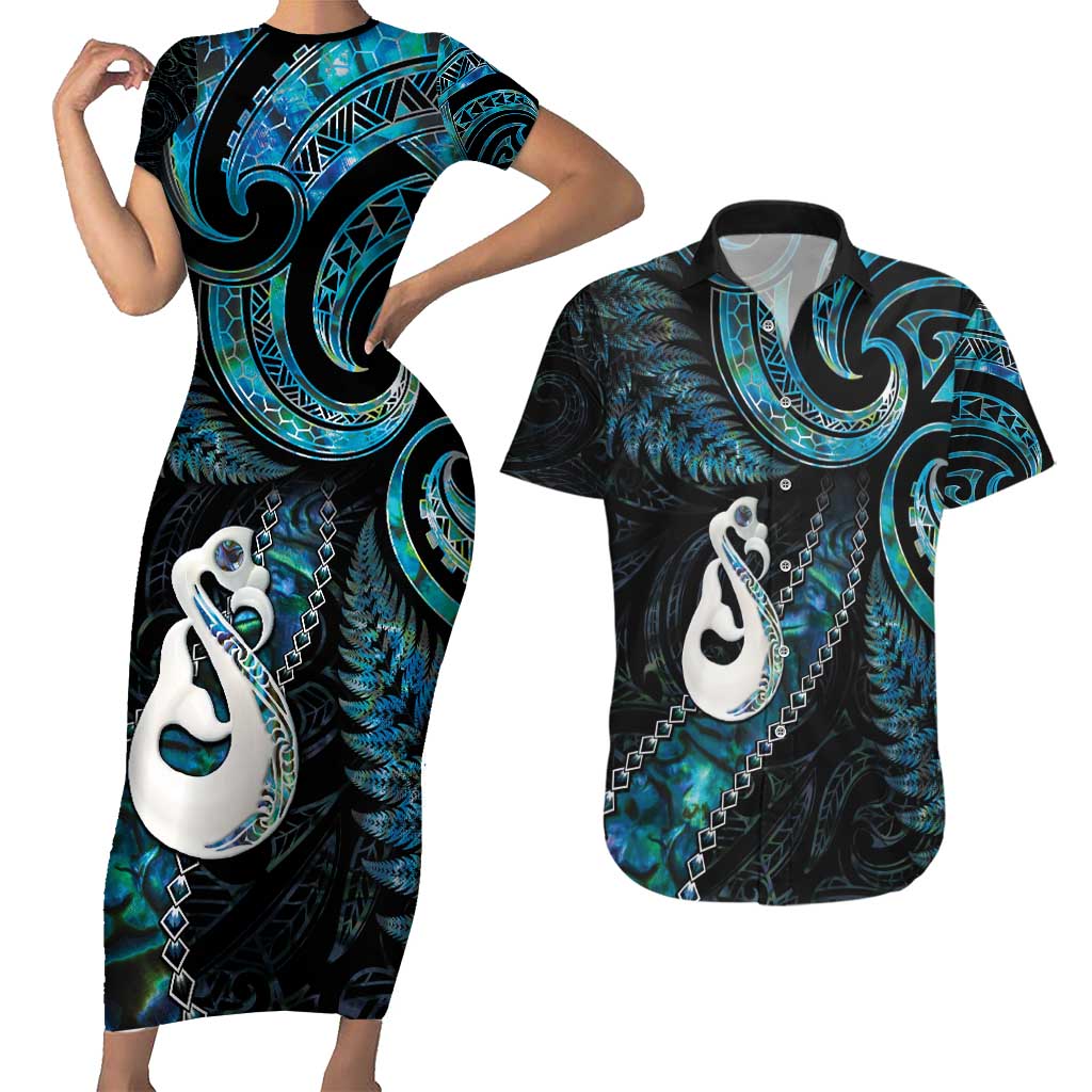 New Zealand Aotearoa Couples Matching Short Sleeve Bodycon Dress and Hawaiian Shirt Maori Manaia Paua Shell Glitter Turquoise LT05 Turquoise - Polynesian Pride