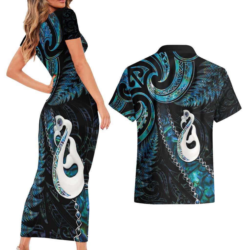 New Zealand Aotearoa Couples Matching Short Sleeve Bodycon Dress and Hawaiian Shirt Maori Manaia Paua Shell Glitter Turquoise LT05 - Polynesian Pride
