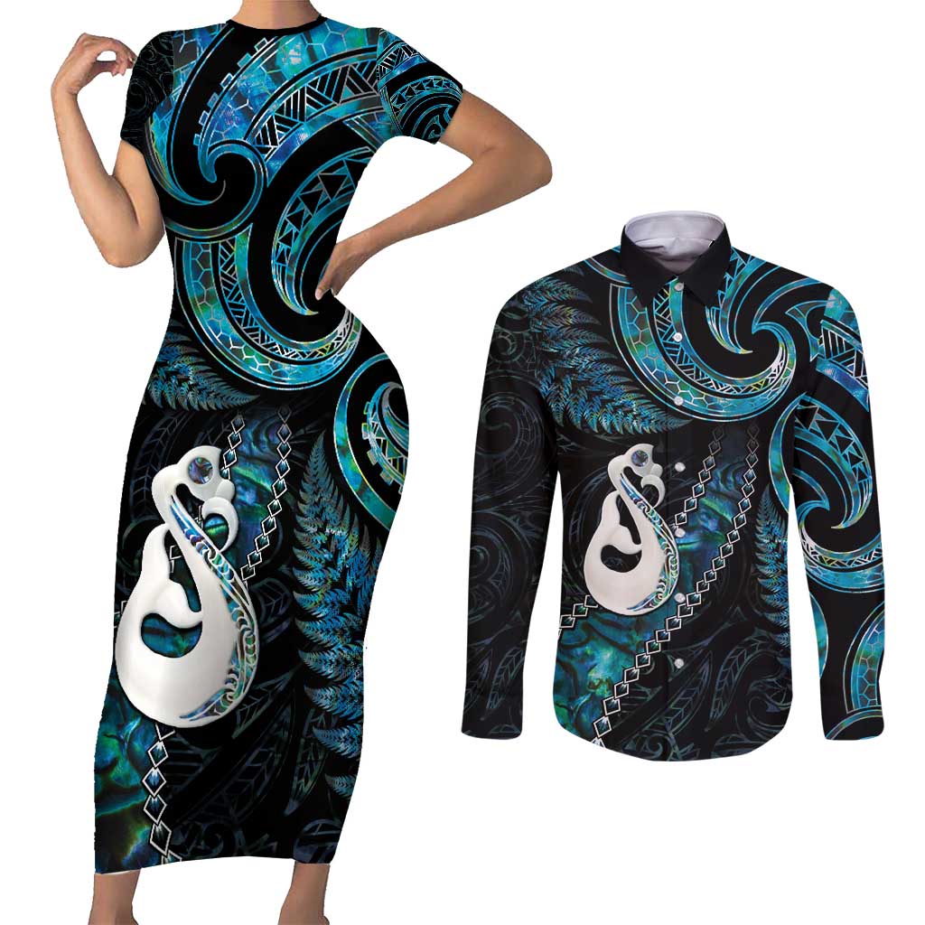 New Zealand Aotearoa Couples Matching Short Sleeve Bodycon Dress and Long Sleeve Button Shirt Maori Manaia Paua Shell Glitter Turquoise LT05 Turquoise - Polynesian Pride