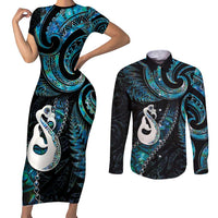 New Zealand Aotearoa Couples Matching Short Sleeve Bodycon Dress and Long Sleeve Button Shirt Maori Manaia Paua Shell Glitter Turquoise LT05 Turquoise - Polynesian Pride