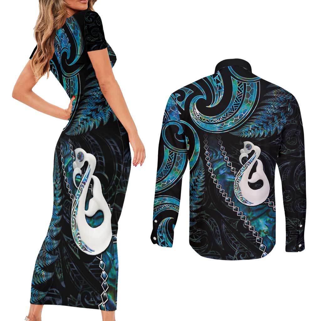 New Zealand Aotearoa Couples Matching Short Sleeve Bodycon Dress and Long Sleeve Button Shirt Maori Manaia Paua Shell Glitter Turquoise LT05 - Polynesian Pride