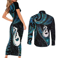 New Zealand Aotearoa Couples Matching Short Sleeve Bodycon Dress and Long Sleeve Button Shirt Maori Manaia Paua Shell Glitter Turquoise LT05 - Polynesian Pride