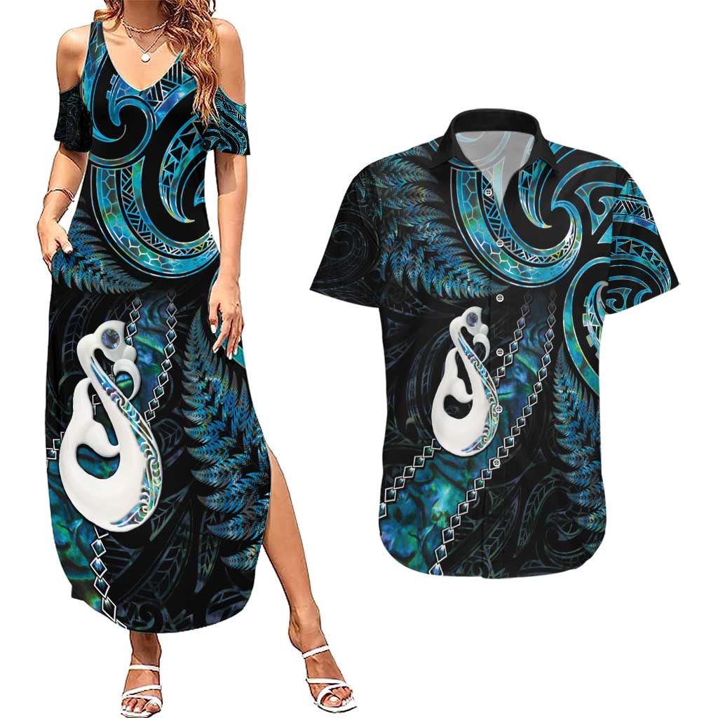 New Zealand Aotearoa Couples Matching Summer Maxi Dress and Hawaiian Shirt Maori Manaia Paua Shell Glitter Turquoise LT05 Turquoise - Polynesian Pride