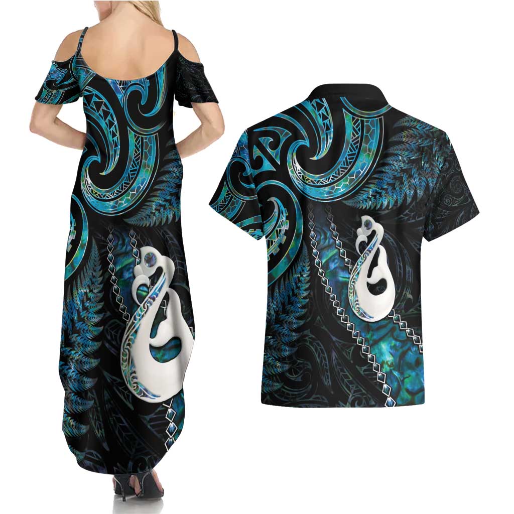 New Zealand Aotearoa Couples Matching Summer Maxi Dress and Hawaiian Shirt Maori Manaia Paua Shell Glitter Turquoise LT05 - Polynesian Pride