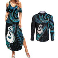 New Zealand Aotearoa Couples Matching Summer Maxi Dress and Long Sleeve Button Shirt Maori Manaia Paua Shell Glitter Turquoise LT05 Turquoise - Polynesian Pride