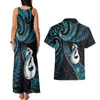 New Zealand Aotearoa Couples Matching Tank Maxi Dress and Hawaiian Shirt Maori Manaia Paua Shell Glitter Turquoise LT05 - Polynesian Pride