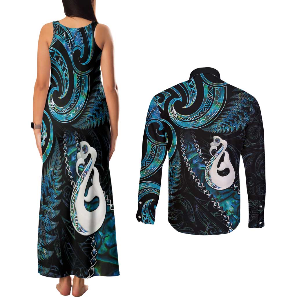 New Zealand Aotearoa Couples Matching Tank Maxi Dress and Long Sleeve Button Shirt Maori Manaia Paua Shell Glitter Turquoise LT05 - Polynesian Pride