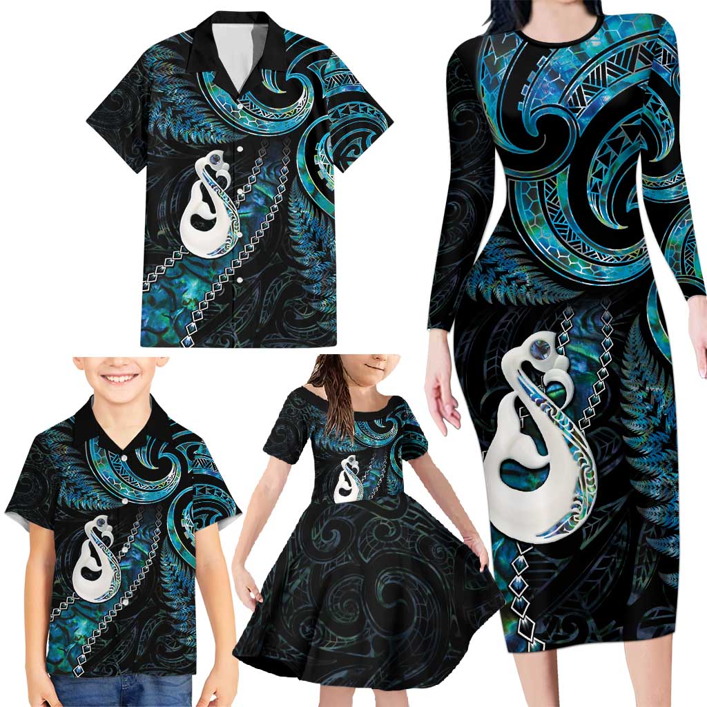 New Zealand Aotearoa Family Matching Long Sleeve Bodycon Dress and Hawaiian Shirt Maori Manaia Paua Shell Glitter Turquoise LT05 - Polynesian Pride