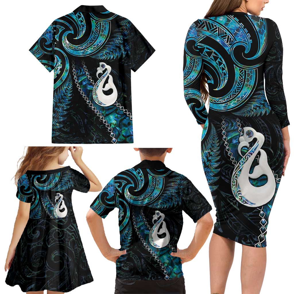 New Zealand Aotearoa Family Matching Long Sleeve Bodycon Dress and Hawaiian Shirt Maori Manaia Paua Shell Glitter Turquoise LT05 - Polynesian Pride