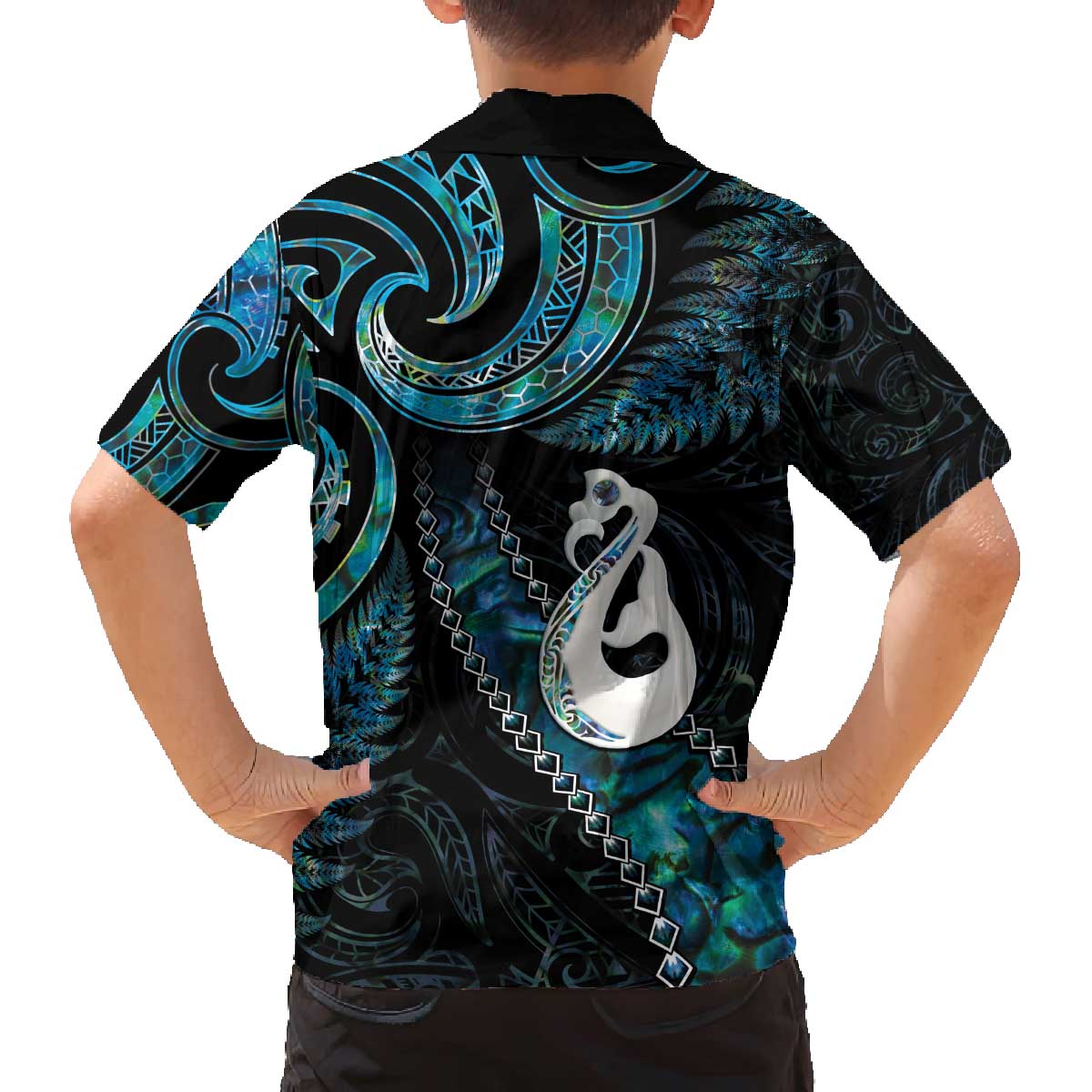 New Zealand Aotearoa Family Matching Off The Shoulder Long Sleeve Dress and Hawaiian Shirt Maori Manaia Paua Shell Glitter Turquoise LT05 - Polynesian Pride