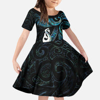 New Zealand Aotearoa Family Matching Off The Shoulder Long Sleeve Dress and Hawaiian Shirt Maori Manaia Paua Shell Glitter Turquoise LT05 Daughter's Dress Turquoise - Polynesian Pride