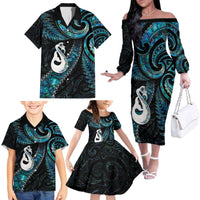 New Zealand Aotearoa Family Matching Off The Shoulder Long Sleeve Dress and Hawaiian Shirt Maori Manaia Paua Shell Glitter Turquoise LT05 - Polynesian Pride