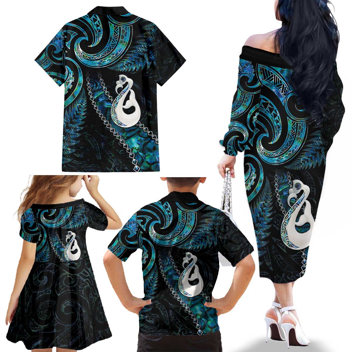 New Zealand Aotearoa Family Matching Off The Shoulder Long Sleeve Dress and Hawaiian Shirt Maori Manaia Paua Shell Glitter Turquoise LT05 - Polynesian Pride