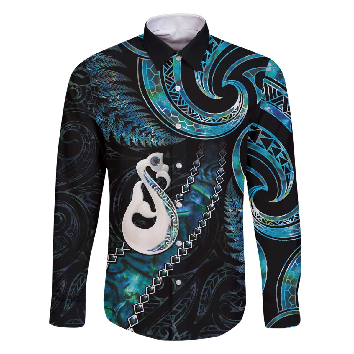 New Zealand Aotearoa Family Matching Off The Shoulder Long Sleeve Dress and Hawaiian Shirt Maori Manaia Paua Shell Glitter Turquoise LT05 Dad's Shirt - Long Sleeve Turquoise - Polynesian Pride