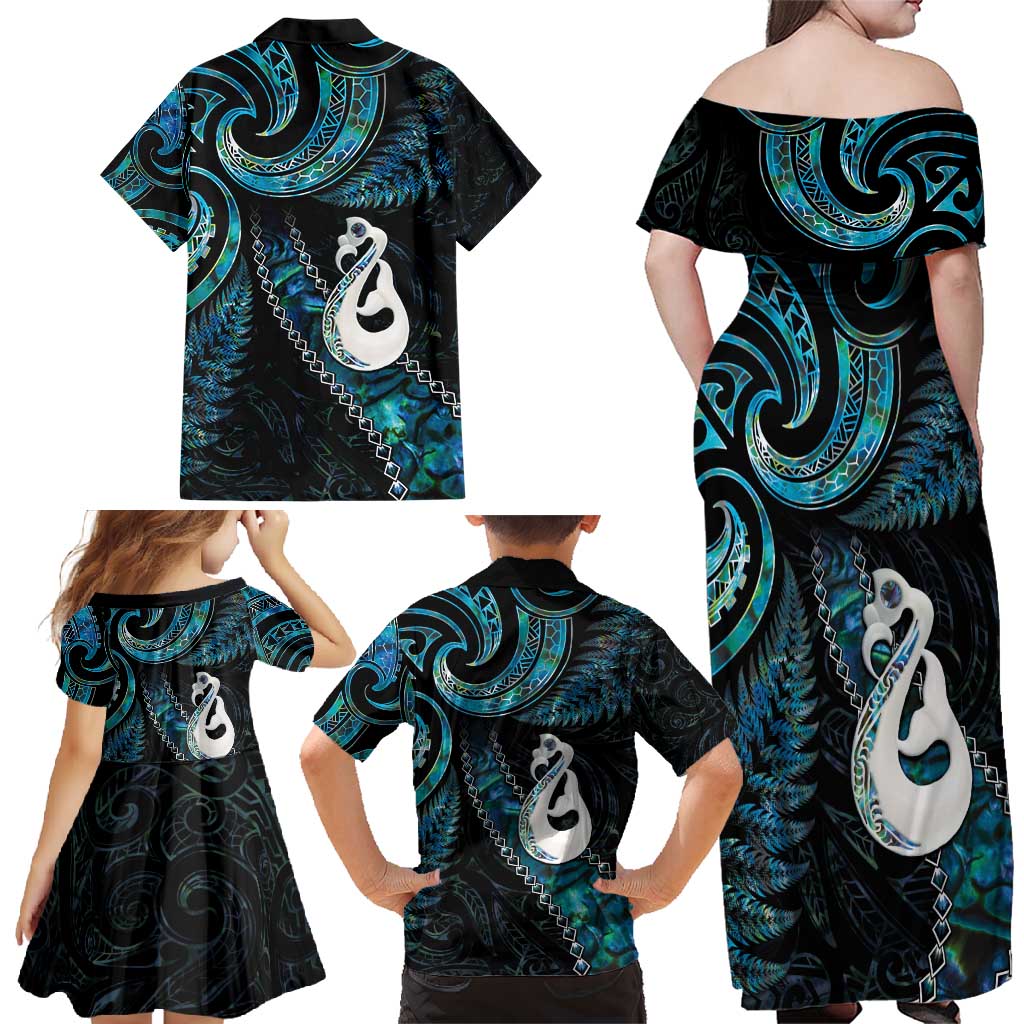 New Zealand Aotearoa Family Matching Off Shoulder Maxi Dress and Hawaiian Shirt Maori Manaia Paua Shell Glitter Turquoise LT05 - Polynesian Pride