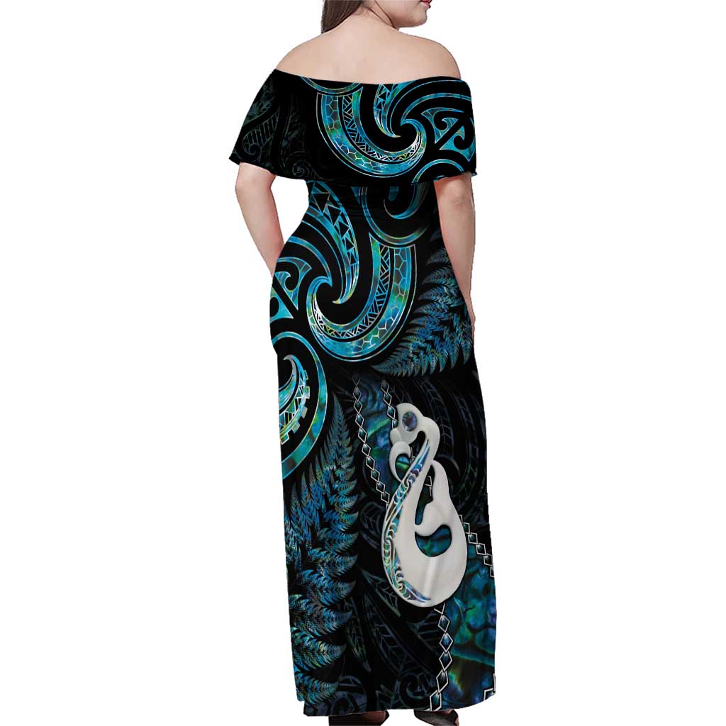 New Zealand Aotearoa Family Matching Off Shoulder Maxi Dress and Hawaiian Shirt Maori Manaia Paua Shell Glitter Turquoise LT05 - Polynesian Pride