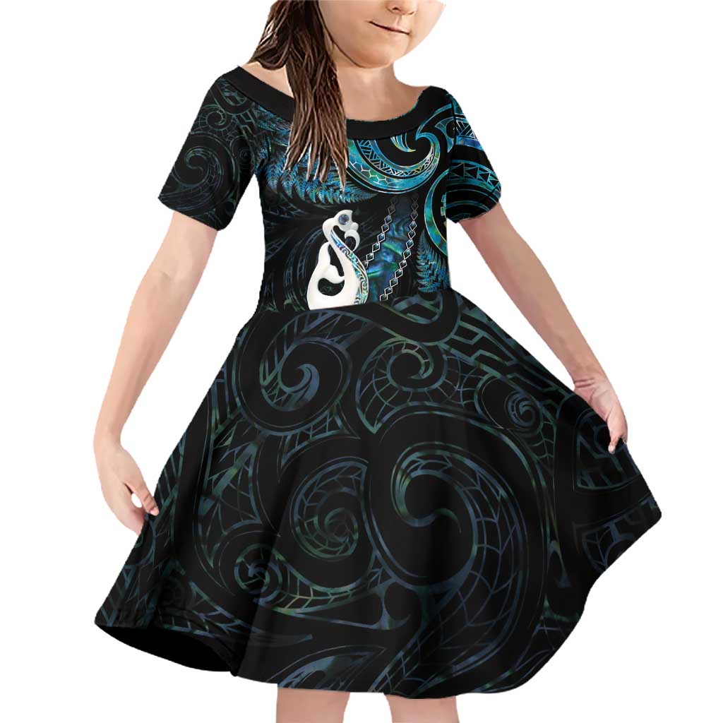 New Zealand Aotearoa Family Matching Off Shoulder Short Dress and Hawaiian Shirt Maori Manaia Paua Shell Glitter Turquoise LT05 Daughter's Dress Turquoise - Polynesian Pride