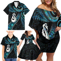 New Zealand Aotearoa Family Matching Off Shoulder Short Dress and Hawaiian Shirt Maori Manaia Paua Shell Glitter Turquoise LT05 - Polynesian Pride