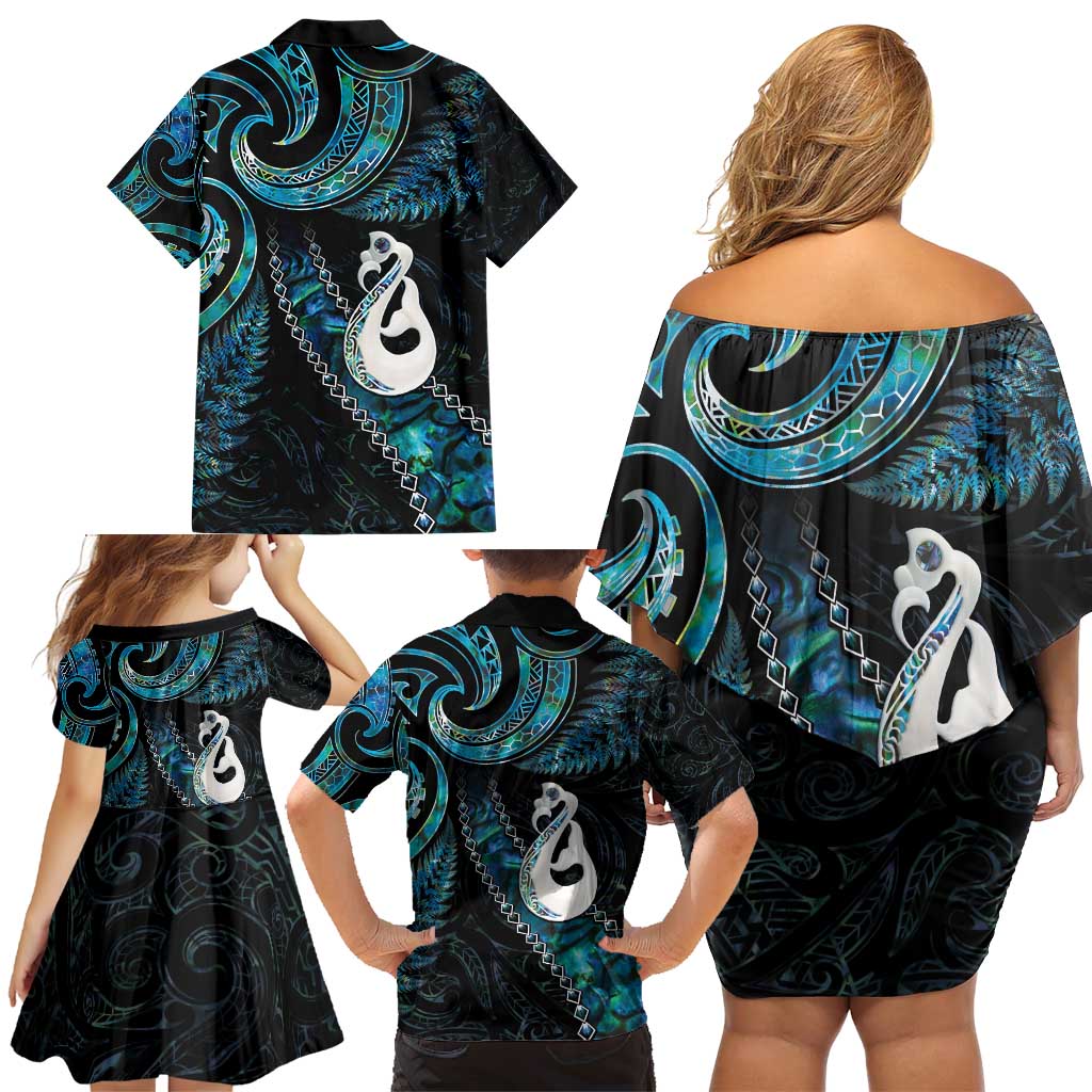 New Zealand Aotearoa Family Matching Off Shoulder Short Dress and Hawaiian Shirt Maori Manaia Paua Shell Glitter Turquoise LT05 - Polynesian Pride