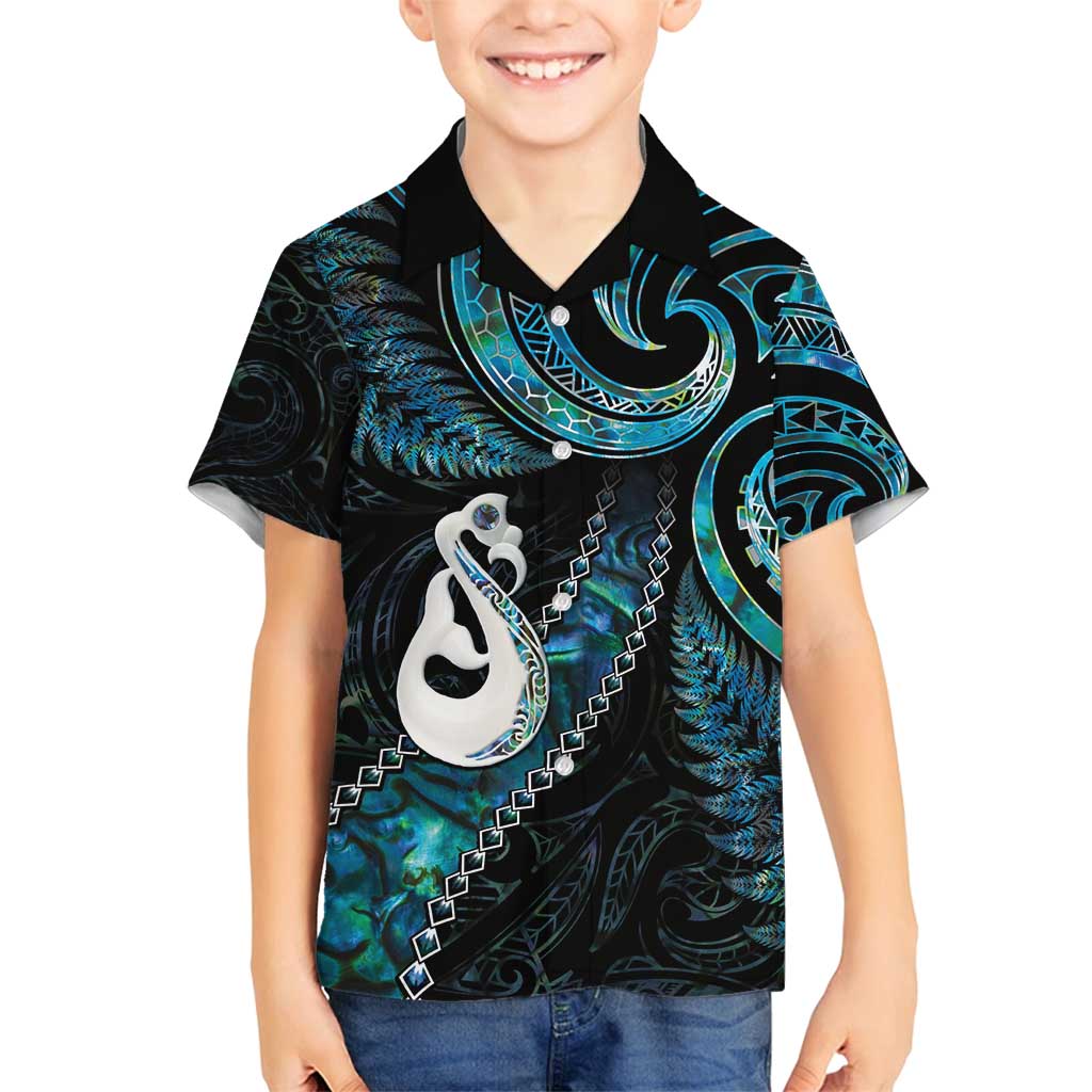 New Zealand Aotearoa Family Matching Off Shoulder Short Dress and Hawaiian Shirt Maori Manaia Paua Shell Glitter Turquoise LT05 Son's Shirt Turquoise - Polynesian Pride