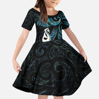 New Zealand Aotearoa Family Matching Summer Maxi Dress and Hawaiian Shirt Maori Manaia Paua Shell Glitter Turquoise LT05 Daughter's Dress Turquoise - Polynesian Pride