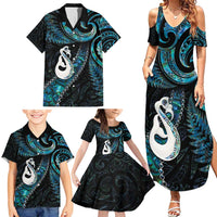 New Zealand Aotearoa Family Matching Summer Maxi Dress and Hawaiian Shirt Maori Manaia Paua Shell Glitter Turquoise LT05 - Polynesian Pride