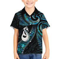 New Zealand Aotearoa Family Matching Summer Maxi Dress and Hawaiian Shirt Maori Manaia Paua Shell Glitter Turquoise LT05 Son's Shirt Turquoise - Polynesian Pride