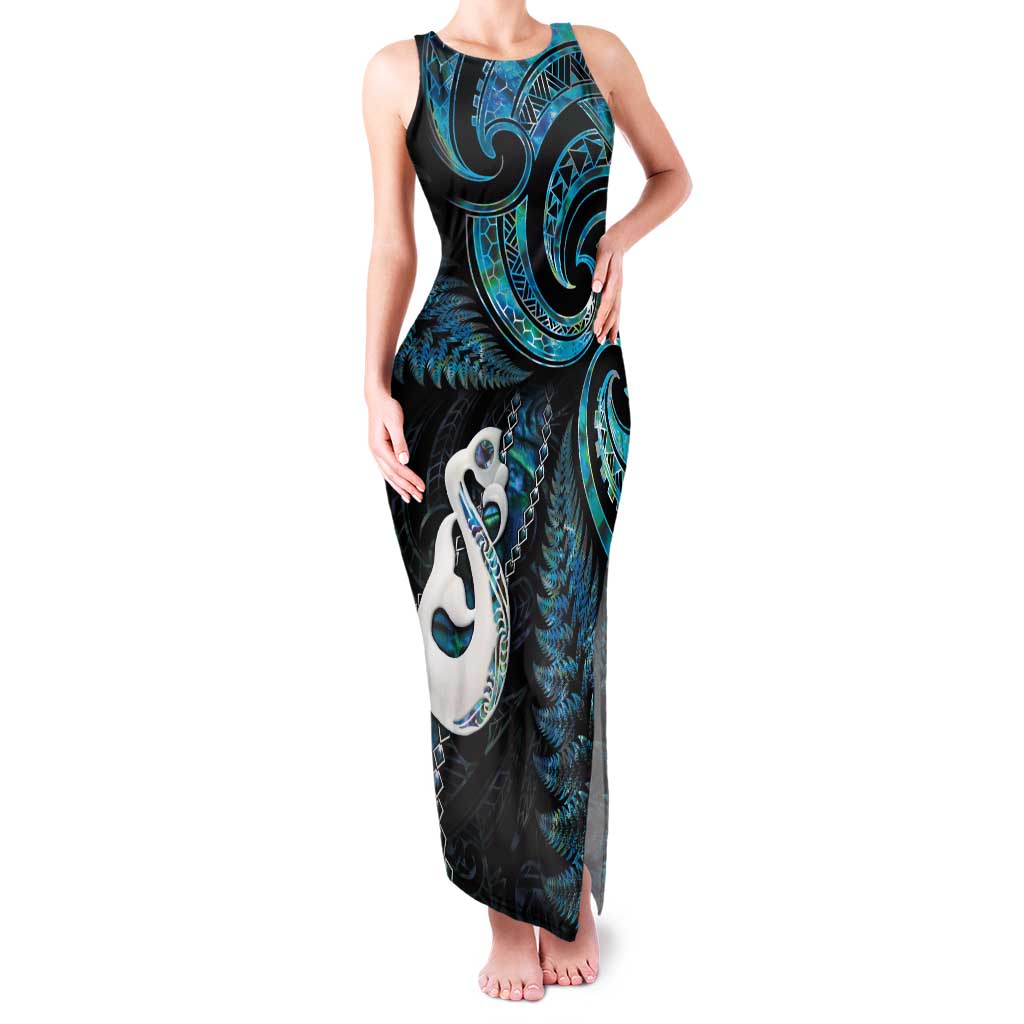 New Zealand Aotearoa Family Matching Tank Maxi Dress and Hawaiian Shirt Maori Manaia Paua Shell Glitter Turquoise LT05 Mom's Dress Turquoise - Polynesian Pride