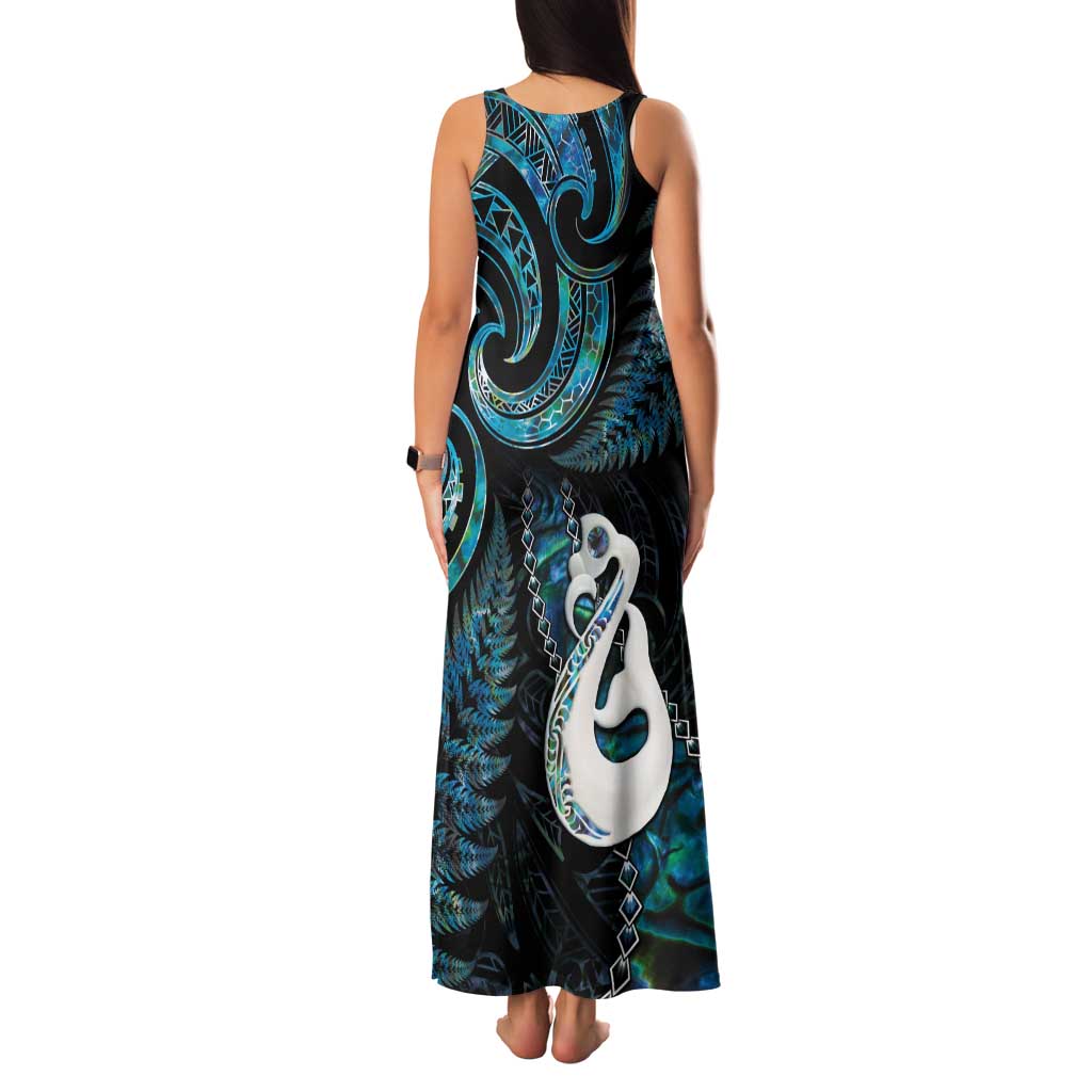 New Zealand Aotearoa Family Matching Tank Maxi Dress and Hawaiian Shirt Maori Manaia Paua Shell Glitter Turquoise LT05 - Polynesian Pride