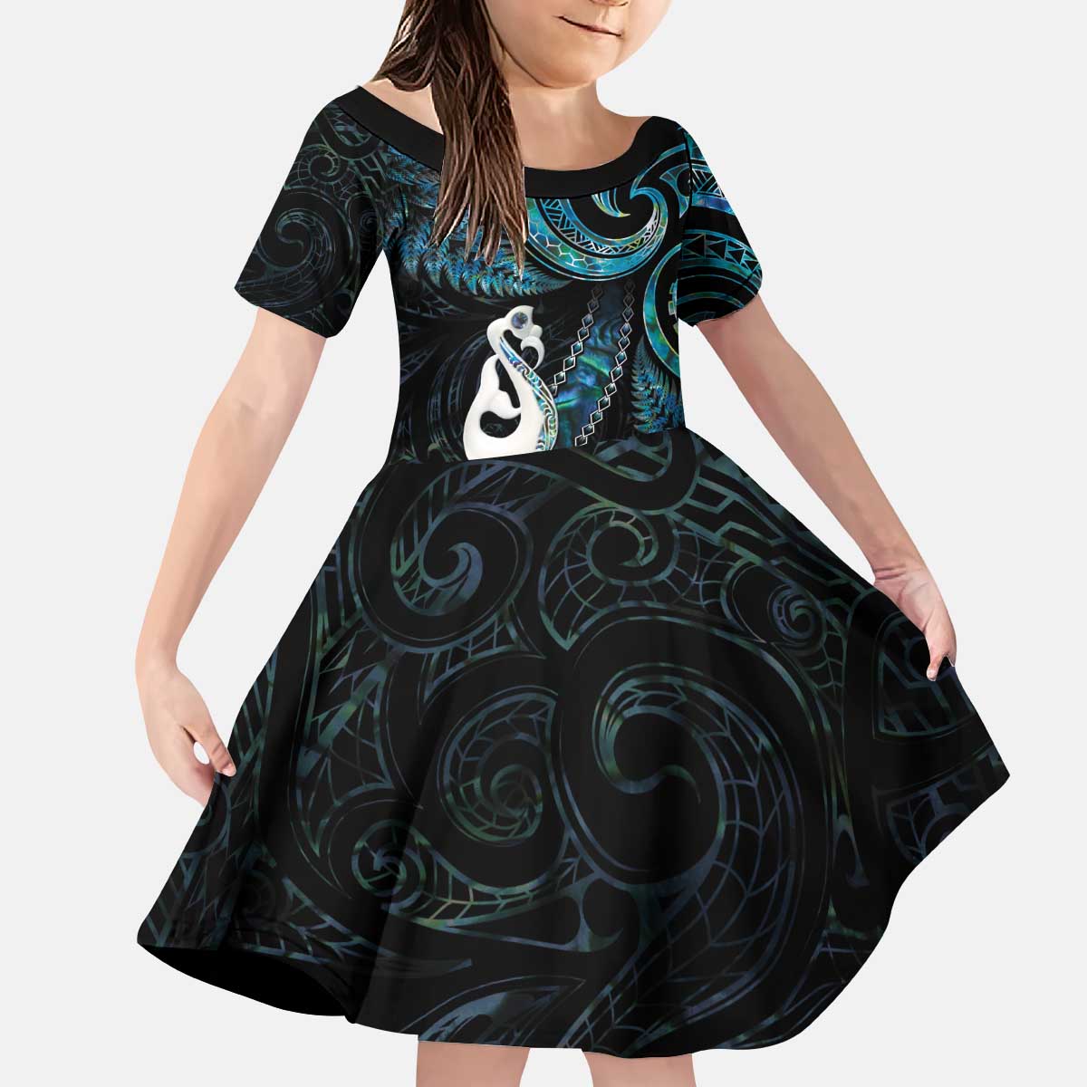 New Zealand Aotearoa Kid Short Sleeve Dress Maori Manaia Paua Shell Glitter Turquoise LT05 KID Turquoise - Polynesian Pride