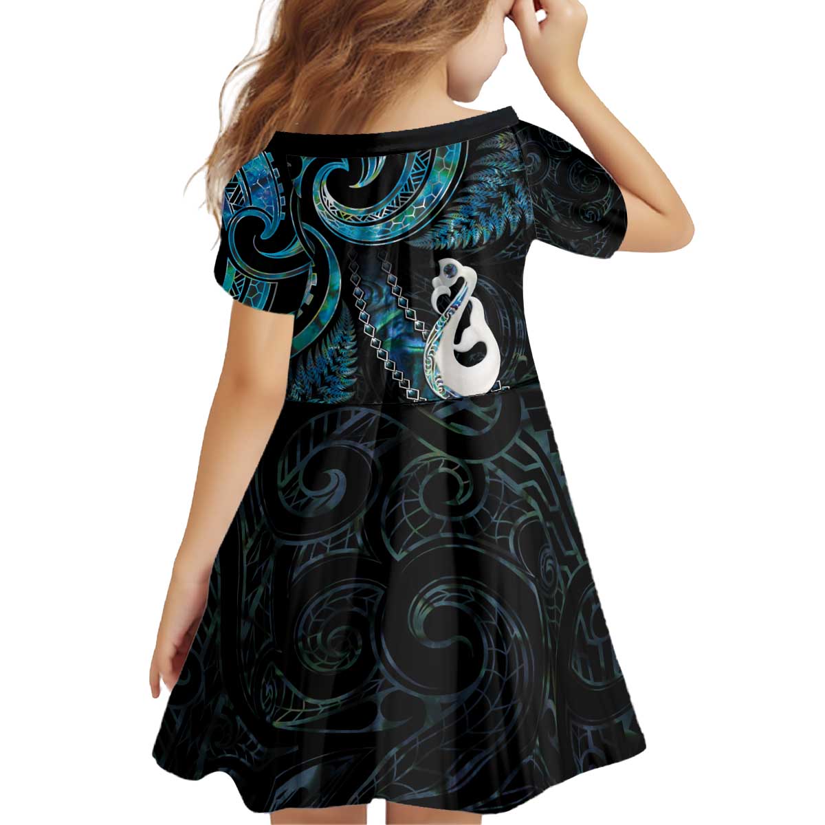 New Zealand Aotearoa Kid Short Sleeve Dress Maori Manaia Paua Shell Glitter Turquoise LT05 - Polynesian Pride