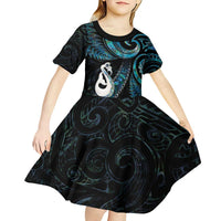 New Zealand Aotearoa Kid Short Sleeve Dress Maori Manaia Paua Shell Glitter Turquoise LT05 - Polynesian Pride