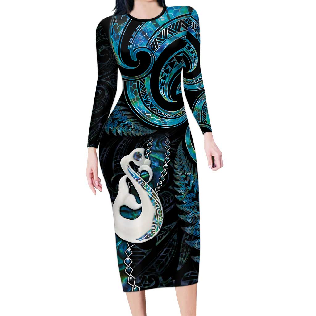 New Zealand Aotearoa Long Sleeve Bodycon Dress Maori Manaia Paua Shell Glitter Turquoise LT05 Long Dress Turquoise - Polynesian Pride