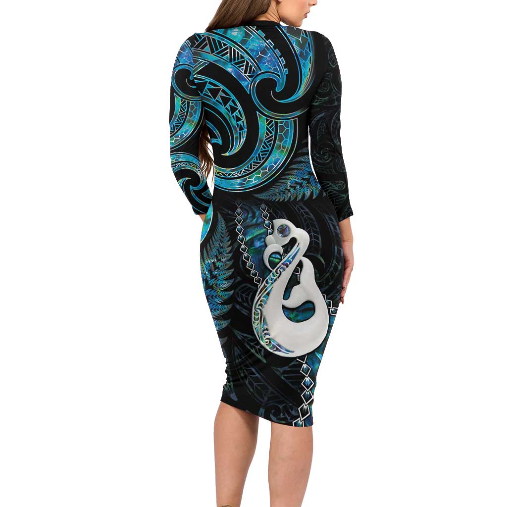New Zealand Aotearoa Long Sleeve Bodycon Dress Maori Manaia Paua Shell Glitter Turquoise LT05 - Polynesian Pride