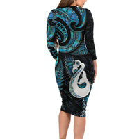 New Zealand Aotearoa Long Sleeve Bodycon Dress Maori Manaia Paua Shell Glitter Turquoise LT05 - Polynesian Pride