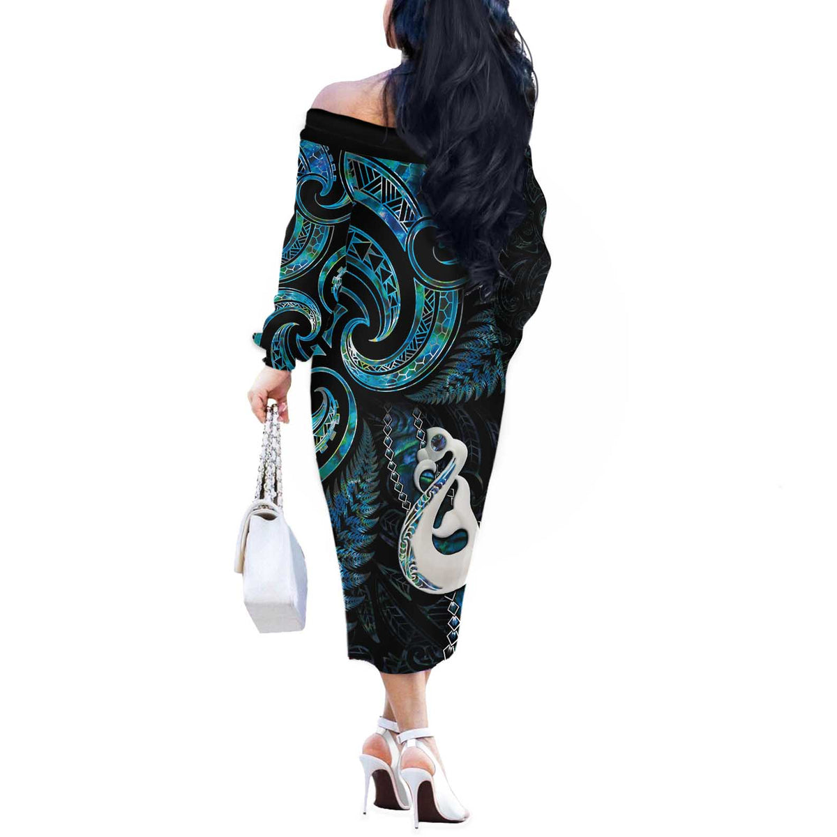 New Zealand Aotearoa Off The Shoulder Long Sleeve Dress Maori Manaia Paua Shell Glitter Turquoise LT05 - Polynesian Pride