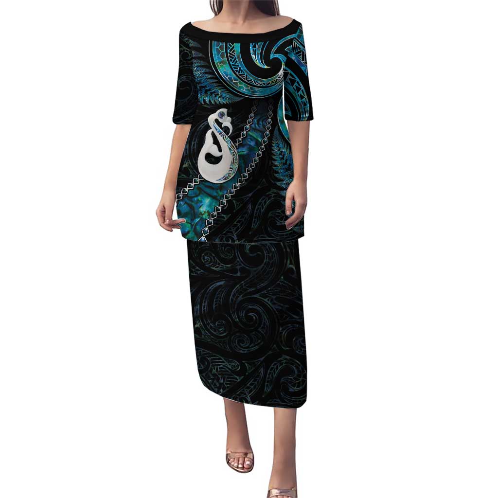 New Zealand Aotearoa Puletasi Maori Manaia Paua Shell Glitter Turquoise LT05 Long Dress Turquoise - Polynesian Pride
