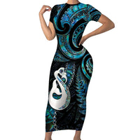 New Zealand Aotearoa Short Sleeve Bodycon Dress Maori Manaia Paua Shell Glitter Turquoise LT05 Long Dress Turquoise - Polynesian Pride