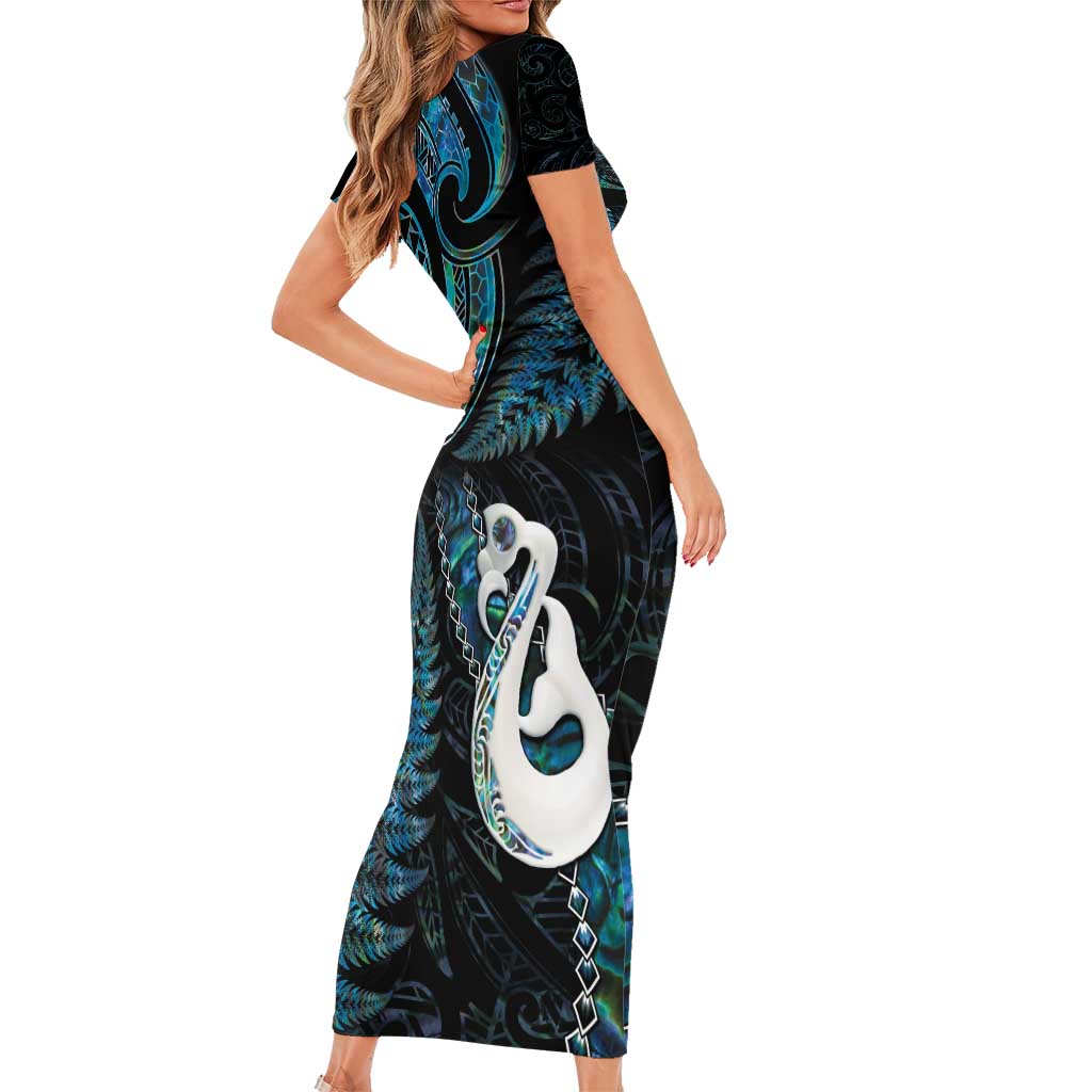 New Zealand Aotearoa Short Sleeve Bodycon Dress Maori Manaia Paua Shell Glitter Turquoise LT05 - Polynesian Pride