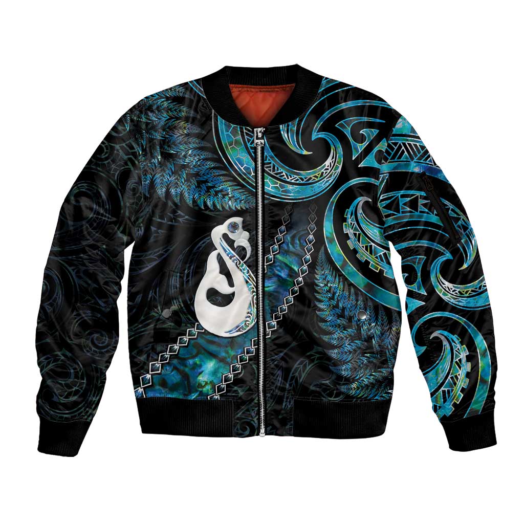 New Zealand Aotearoa Sleeve Zip Bomber Jacket Maori Manaia Paua Shell Glitter Turquoise LT05 Unisex Turquoise - Polynesian Pride