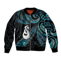 New Zealand Aotearoa Sleeve Zip Bomber Jacket Maori Manaia Paua Shell Glitter Turquoise LT05 Unisex Turquoise - Polynesian Pride