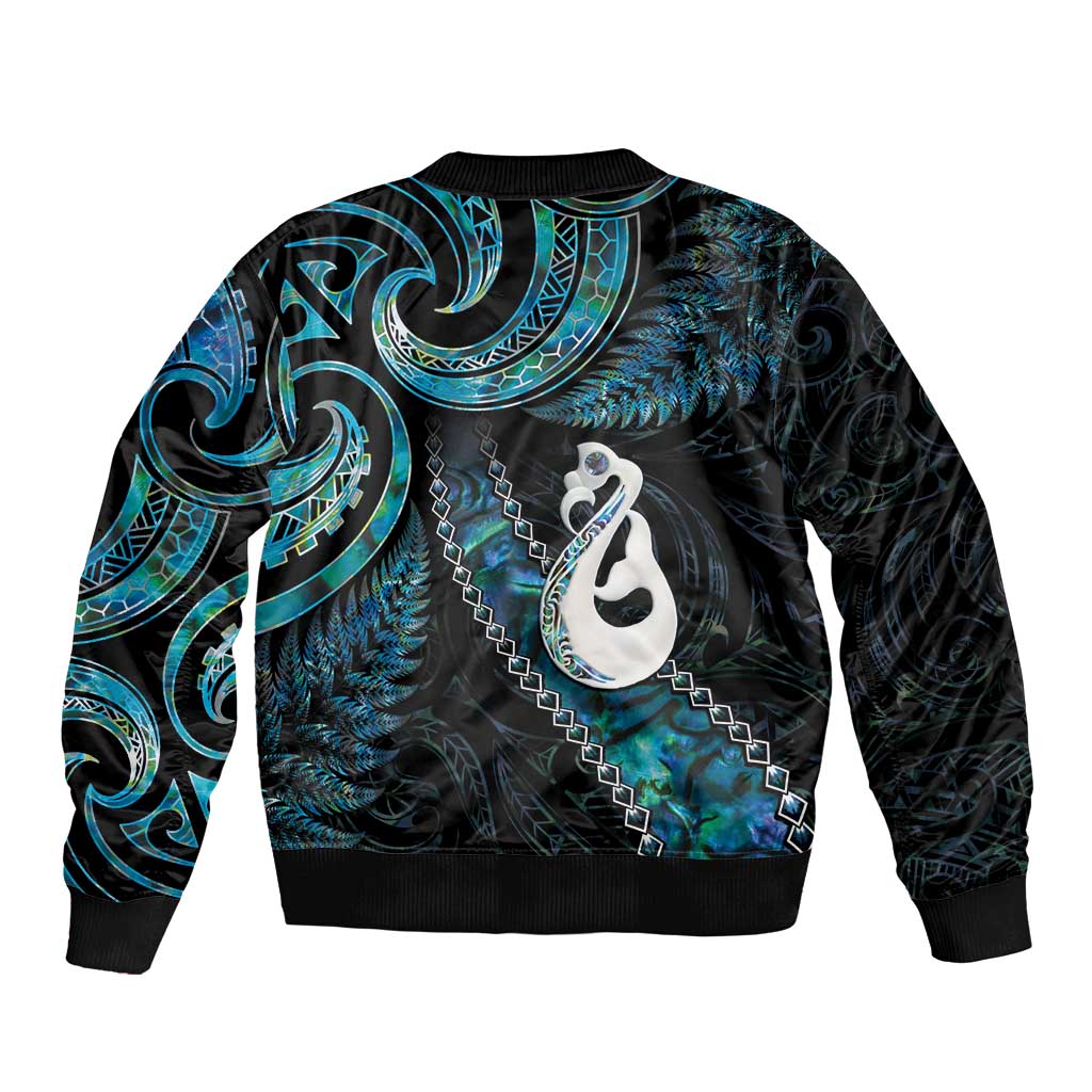 New Zealand Aotearoa Sleeve Zip Bomber Jacket Maori Manaia Paua Shell Glitter Turquoise LT05 - Polynesian Pride