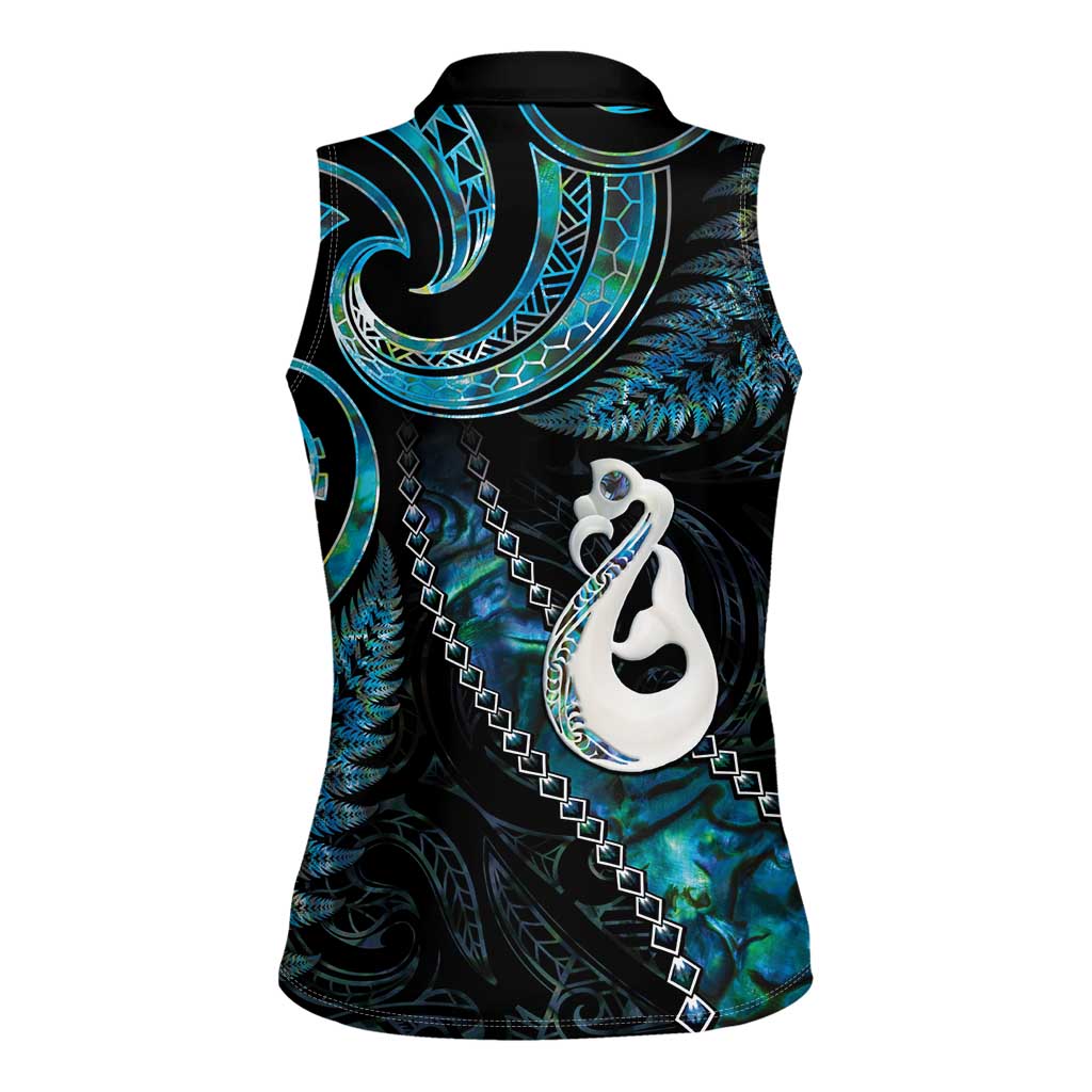 New Zealand Aotearoa Women Sleeveless Polo Shirt Maori Manaia Paua Shell Glitter Turquoise LT05 - Polynesian Pride