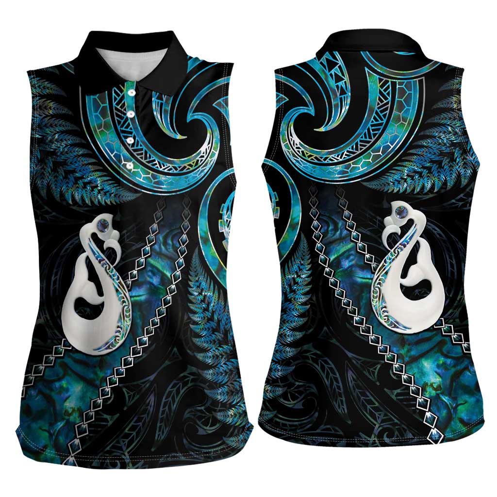 New Zealand Aotearoa Women Sleeveless Polo Shirt Maori Manaia Paua Shell Glitter Turquoise LT05 - Polynesian Pride
