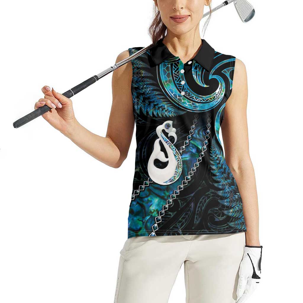 New Zealand Aotearoa Women Sleeveless Polo Shirt Maori Manaia Paua Shell Glitter Turquoise LT05 - Polynesian Pride