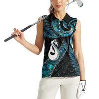 New Zealand Aotearoa Women Sleeveless Polo Shirt Maori Manaia Paua Shell Glitter Turquoise LT05 - Polynesian Pride