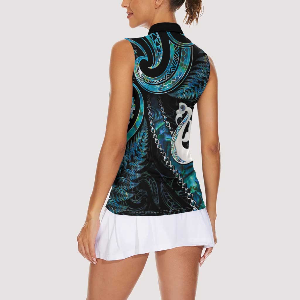 New Zealand Aotearoa Women Sleeveless Polo Shirt Maori Manaia Paua Shell Glitter Turquoise LT05 - Polynesian Pride