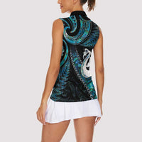 New Zealand Aotearoa Women Sleeveless Polo Shirt Maori Manaia Paua Shell Glitter Turquoise LT05 - Polynesian Pride