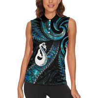 New Zealand Aotearoa Women Sleeveless Polo Shirt Maori Manaia Paua Shell Glitter Turquoise LT05 - Polynesian Pride